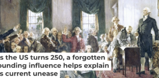 This painting depicts the Constitutional Convention in 1787. The Founding Fathers leaned on French philosopher Montesquieu as they designed the Constitution. GraphicaArtis/Archive Photos via Getty